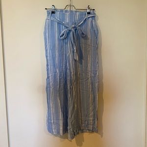 blue and white strip tie front flowy pants